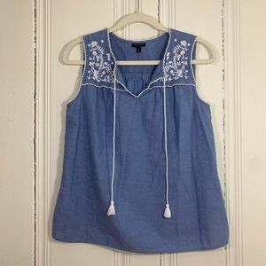 Talbots boho 100% cotton blue embroidered sleeveless top with tassel tie women S